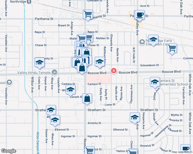 map of restaurants, bars, coffee shops, grocery stores, and more near 18406 Roscoe Boulevard in Los Angeles