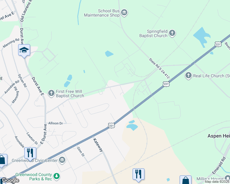 map of restaurants, bars, coffee shops, grocery stores, and more near 108 Melanie Court in Greenwood