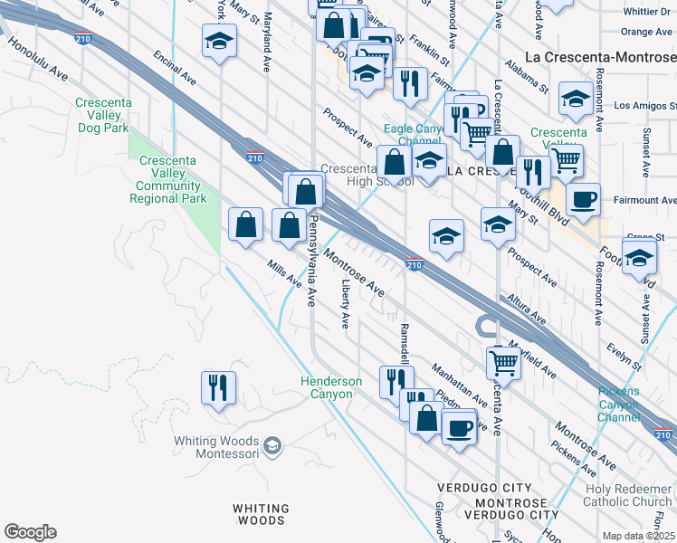 map of restaurants, bars, coffee shops, grocery stores, and more near 3130 Montrose Avenue in Glendale