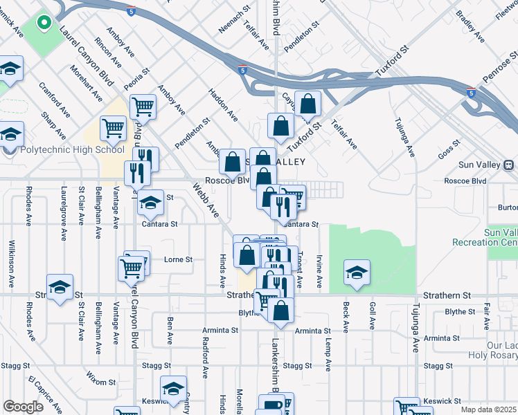 map of restaurants, bars, coffee shops, grocery stores, and more near 8201 Lankershim Blvd in North Hollywood