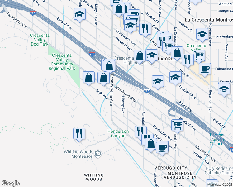 map of restaurants, bars, coffee shops, grocery stores, and more near 3974 Pennsylvania Avenue in Glendale