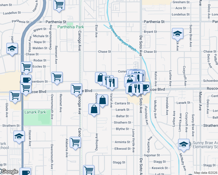 map of restaurants, bars, coffee shops, grocery stores, and more near 8237 Variel Avenue in Los Angeles