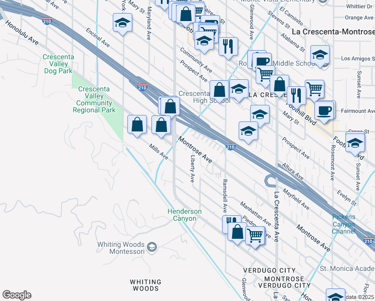 map of restaurants, bars, coffee shops, grocery stores, and more near 3130 Montrose Avenue in Glendale