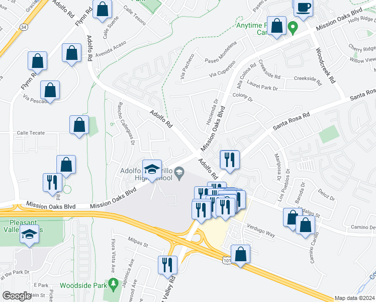 map of restaurants, bars, coffee shops, grocery stores, and more near 4674 Refugio Court in Camarillo