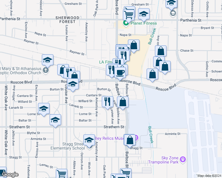map of restaurants, bars, coffee shops, grocery stores, and more near 17021 Burton Street in Los Angeles