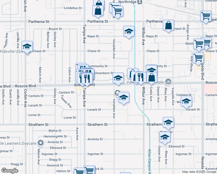 map of restaurants, bars, coffee shops, grocery stores, and more near 19120 Roscoe Boulevard in Los Angeles
