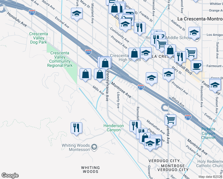 map of restaurants, bars, coffee shops, grocery stores, and more near 3974 Pennsylvania Avenue in Glendale