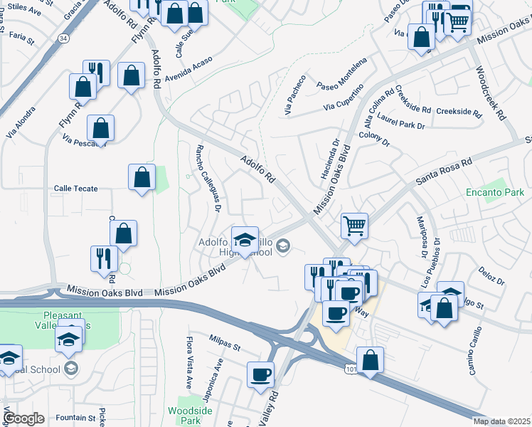 map of restaurants, bars, coffee shops, grocery stores, and more near 4521 Avenida Gaviota in Camarillo