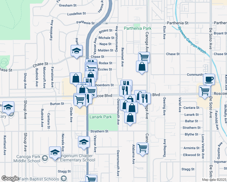 map of restaurants, bars, coffee shops, grocery stores, and more near 21721 Roscoe Boulevard in Los Angeles