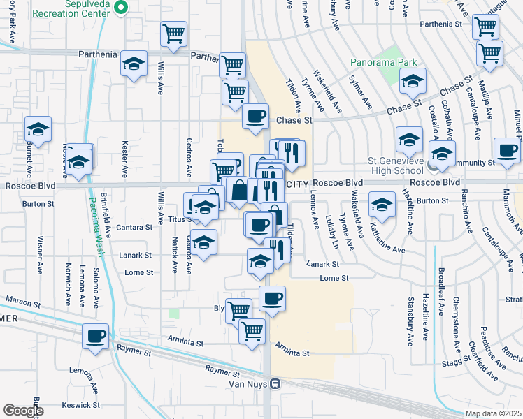 map of restaurants, bars, coffee shops, grocery stores, and more near 8161 Van Nuys Boulevard in Los Angeles