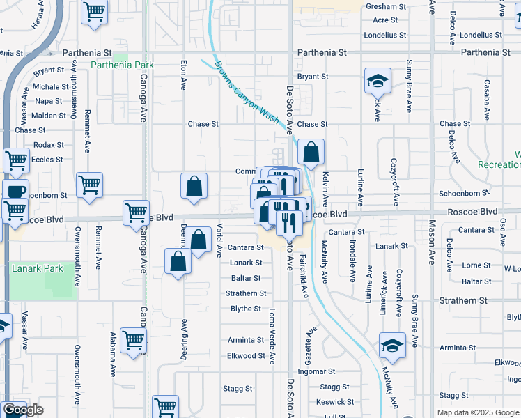 map of restaurants, bars, coffee shops, grocery stores, and more near 20951 Roscoe Boulevard in Los Angeles
