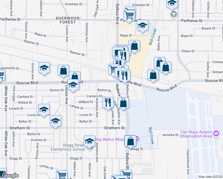 map of restaurants, bars, coffee shops, grocery stores, and more near 17021 Burton Street in Los Angeles