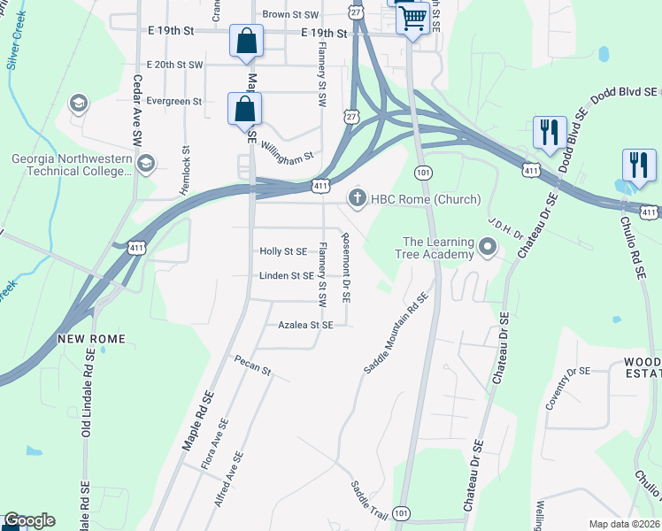 map of restaurants, bars, coffee shops, grocery stores, and more near 133 Holly Street Southeast in Rome