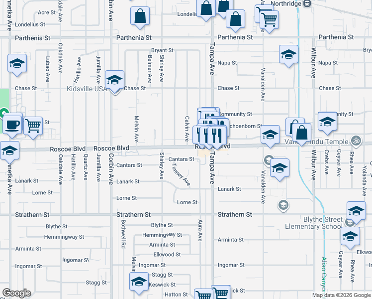 map of restaurants, bars, coffee shops, grocery stores, and more near 8322 Calvin Avenue in Los Angeles