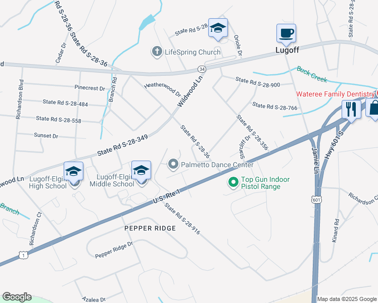 map of restaurants, bars, coffee shops, grocery stores, and more near 91 State Road S-28-36 in Lugoff