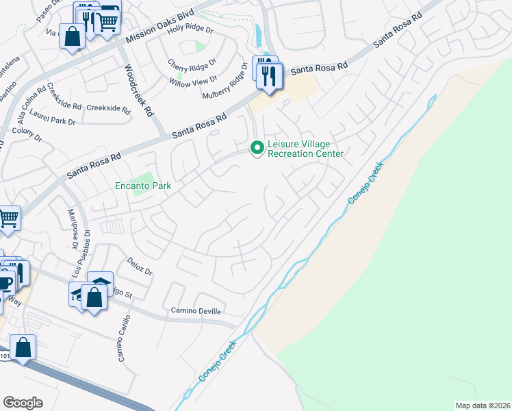 map of restaurants, bars, coffee shops, grocery stores, and more near 17164 Village 17 in Camarillo