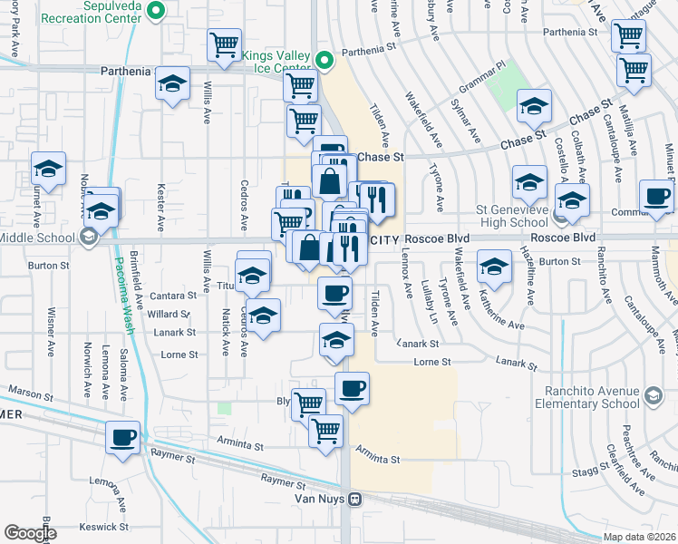 map of restaurants, bars, coffee shops, grocery stores, and more near 8215 Van Nuys Boulevard in Los Angeles