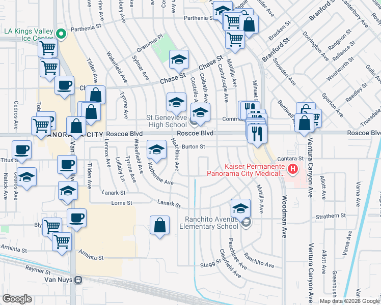 map of restaurants, bars, coffee shops, grocery stores, and more near 8214 Murietta Avenue in Los Angeles