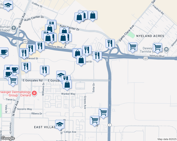 map of restaurants, bars, coffee shops, grocery stores, and more near 2001 Solar Drive in Oxnard
