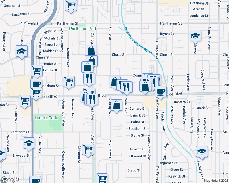 map of restaurants, bars, coffee shops, grocery stores, and more near 21219 Roscoe Boulevard in Los Angeles