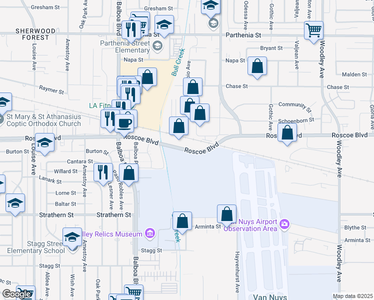 map of restaurants, bars, coffee shops, grocery stores, and more near Roscoe Boulevard in Los Angeles