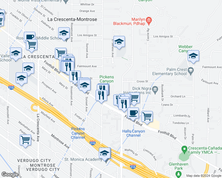map of restaurants, bars, coffee shops, grocery stores, and more near 4615 Leir Drive in La Cañada Flintridge