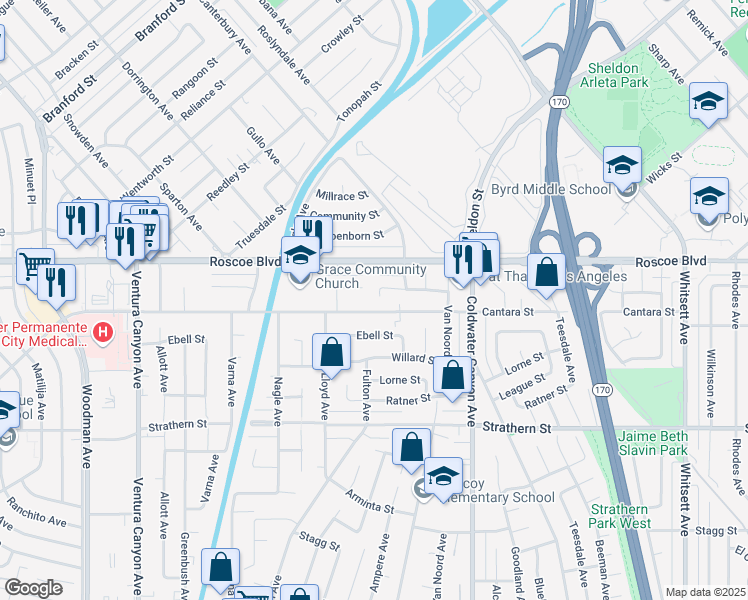 map of restaurants, bars, coffee shops, grocery stores, and more near 8213 Ethel Avenue in Los Angeles
