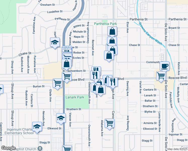 map of restaurants, bars, coffee shops, grocery stores, and more near 21600 Schoenborn Street in Los Angeles