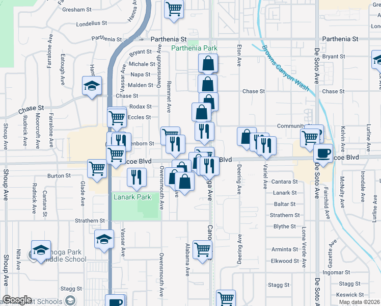 map of restaurants, bars, coffee shops, grocery stores, and more near 21501 Roscoe Boulevard in Los Angeles