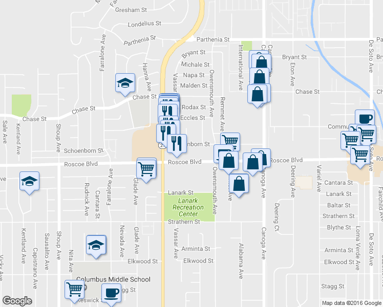 map of restaurants, bars, coffee shops, grocery stores, and more near 8340 Northgate Avenue in Los Angeles