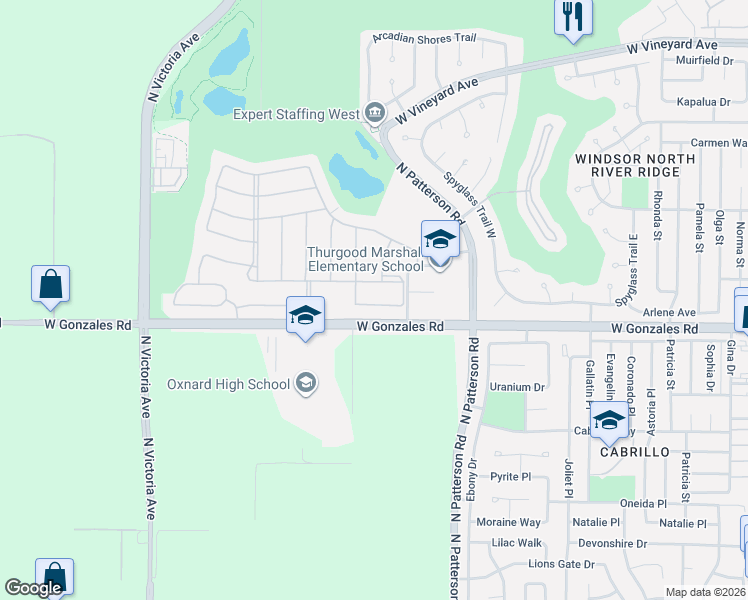 map of restaurants, bars, coffee shops, grocery stores, and more near 1941 Hazeltine Drive in Oxnard