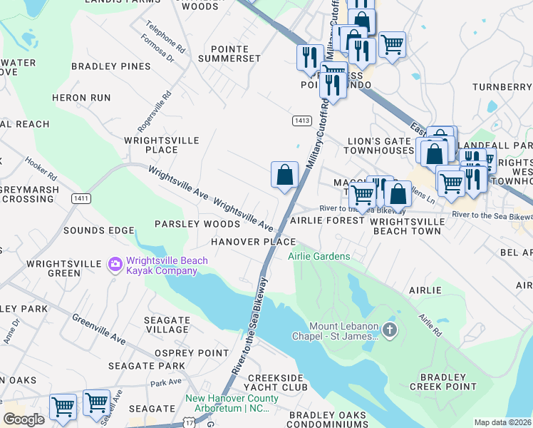 map of restaurants, bars, coffee shops, grocery stores, and more near 111 Rogers Avenue in Wilmington