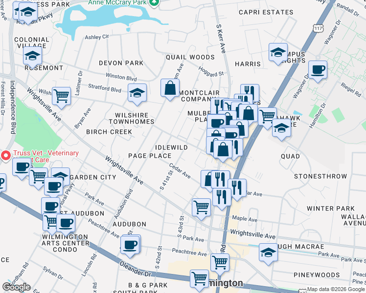map of restaurants, bars, coffee shops, grocery stores, and more near 827 Montclair Drive in Wilmington
