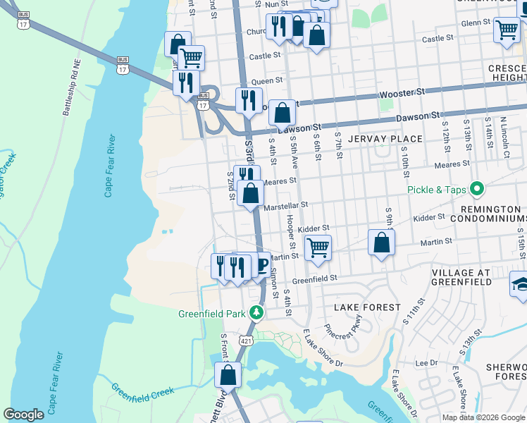 map of restaurants, bars, coffee shops, grocery stores, and more near 1118 South 3rd Street in Wilmington