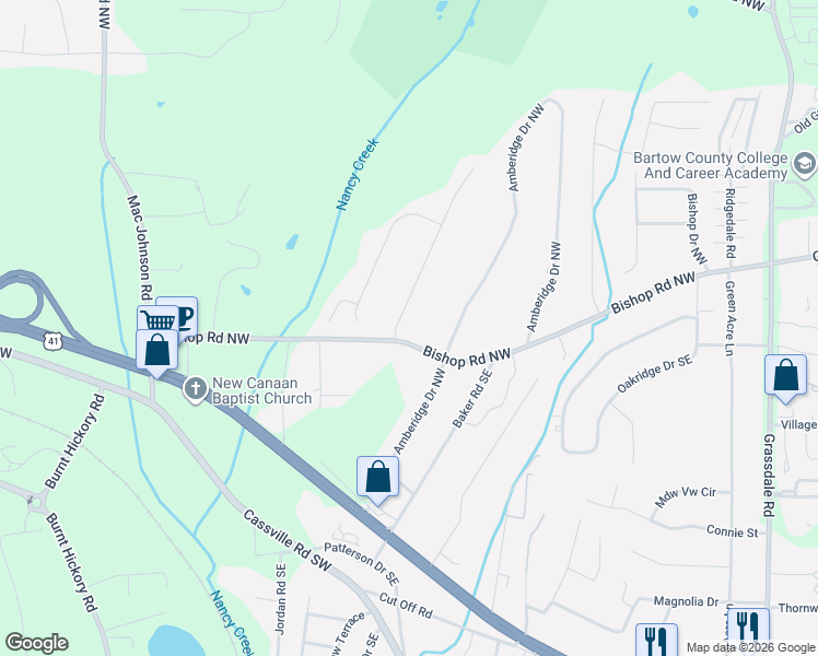 map of restaurants, bars, coffee shops, grocery stores, and more near 18 Country Meadow Way in Cartersville