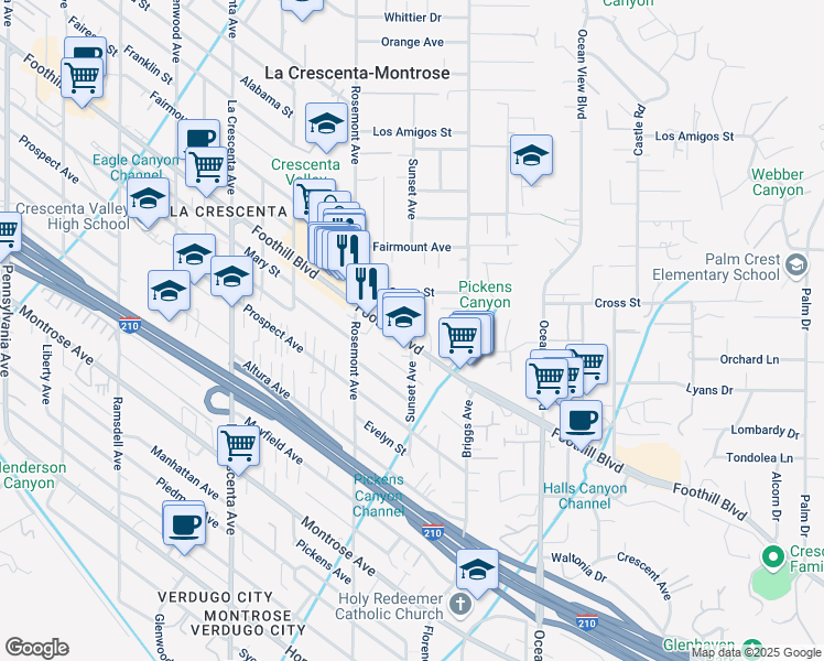 map of restaurants, bars, coffee shops, grocery stores, and more near 2502 Cross Street in La Crescenta-Montrose