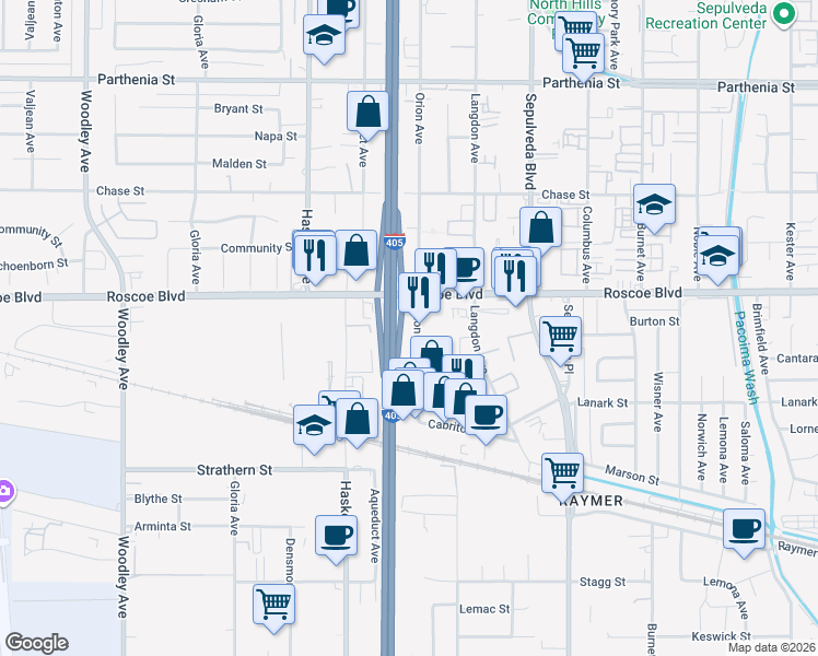 map of restaurants, bars, coffee shops, grocery stores, and more near 8221 Langdon Avenue in Los Angeles