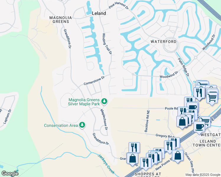 map of restaurants, bars, coffee shops, grocery stores, and more near 1002 Sunstone Court in Leland