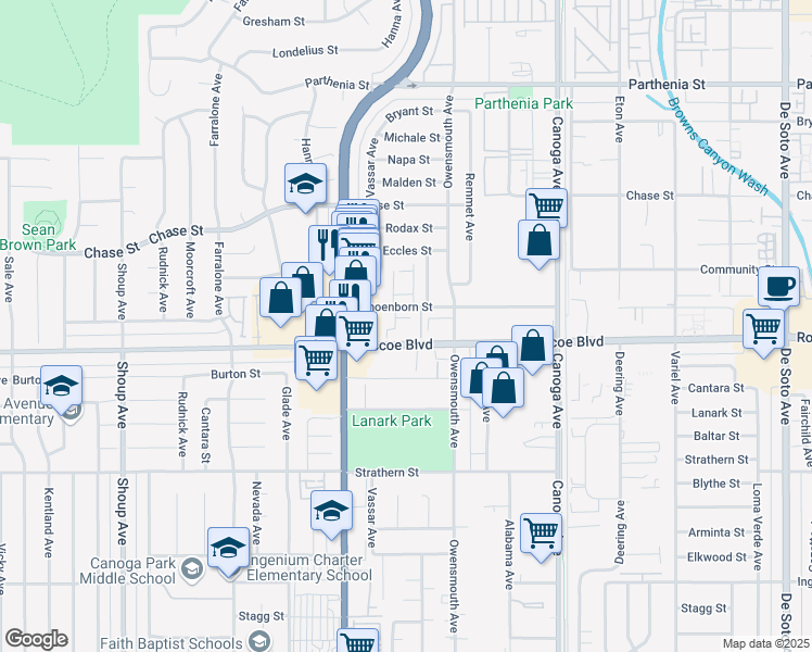 map of restaurants, bars, coffee shops, grocery stores, and more near 21800 Schoenborn Street in Los Angeles