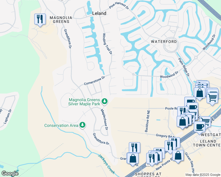 map of restaurants, bars, coffee shops, grocery stores, and more near 1002 Sunstone Court in Leland