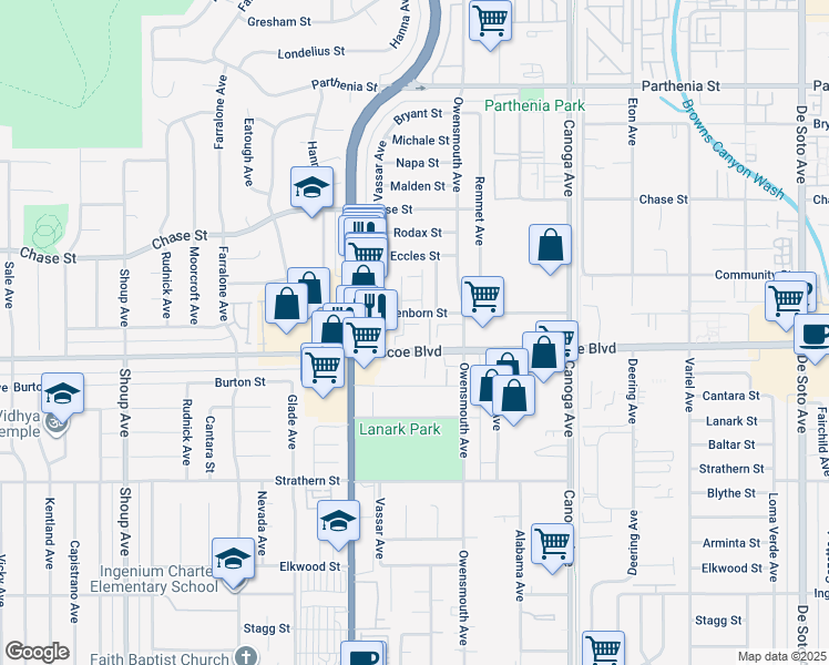 map of restaurants, bars, coffee shops, grocery stores, and more near 21800 Schoenborn Street in Los Angeles