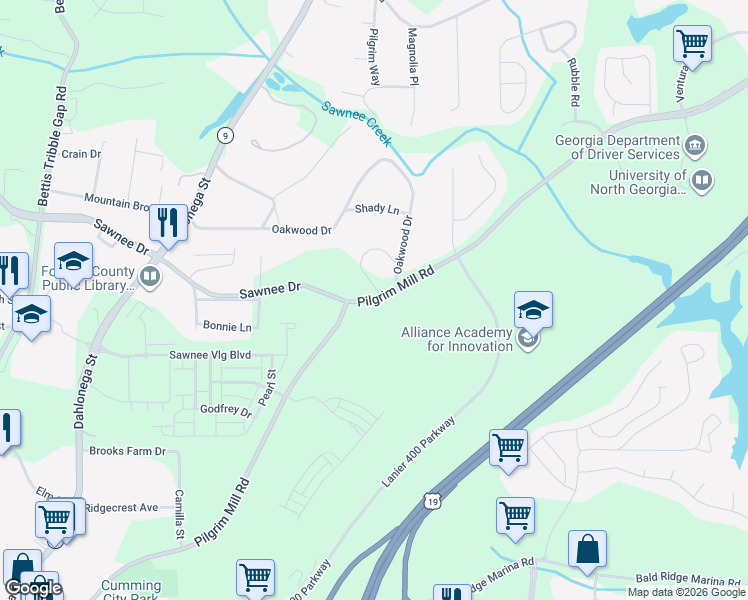 map of restaurants, bars, coffee shops, grocery stores, and more near 724 Pilgrim Mill Road in Cumming