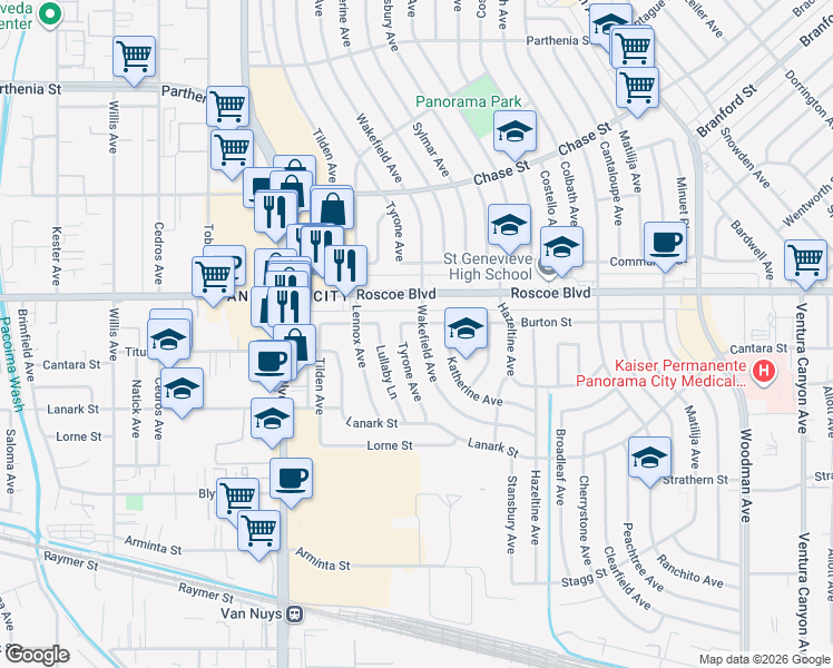 map of restaurants, bars, coffee shops, grocery stores, and more near 14205 Burton Street in Los Angeles