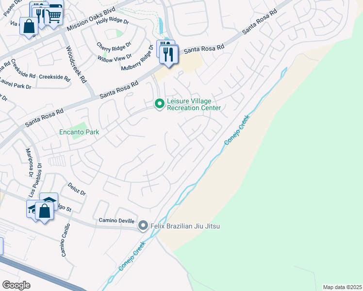 map of restaurants, bars, coffee shops, grocery stores, and more near 25106 Village 25 in Camarillo