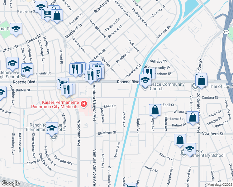 map of restaurants, bars, coffee shops, grocery stores, and more near 13429 Cantara Street in Los Angeles