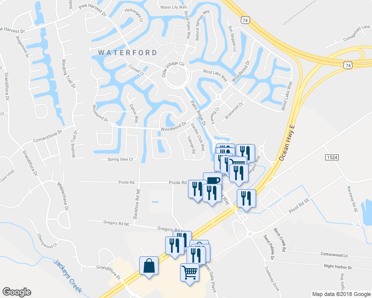 map of restaurants, bars, coffee shops, grocery stores, and more near 1055 Garden Club Way in Leland