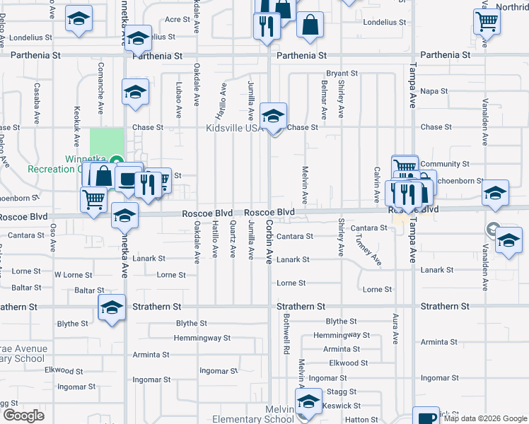 map of restaurants, bars, coffee shops, grocery stores, and more near 8335 Jumilla Avenue in Los Angeles