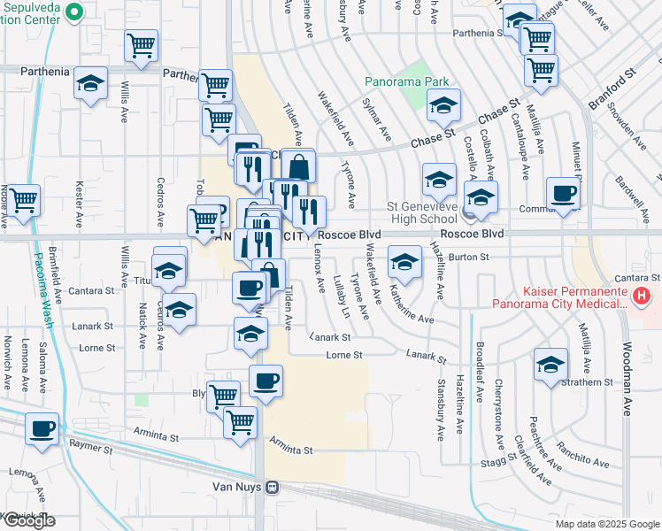 map of restaurants, bars, coffee shops, grocery stores, and more near 8213 Lullaby Lane in Los Angeles