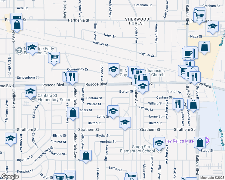 map of restaurants, bars, coffee shops, grocery stores, and more near 17433 Burton Street in Los Angeles