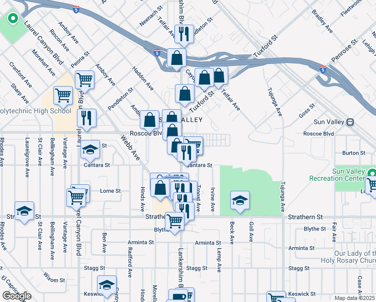 map of restaurants, bars, coffee shops, grocery stores, and more near 8250 Lankershim Boulevard in Los Angeles